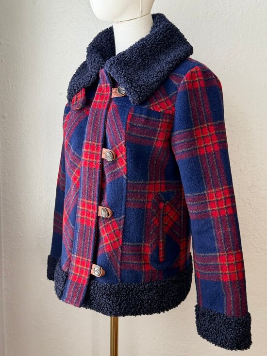 Sundance Jackets & Blazers - Sundance Navy Red Plaid Coat Sherpa Trim Button Front Size S